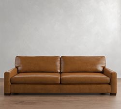 Open Box: Turner Square Arm Leather Grand Sofa without Nailheads (104"W, 44"D), 2X2 - Vintage Caramel, Dark Walnut