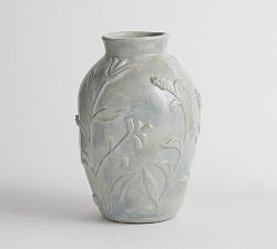 Open Box: Floral Dusty Blue Vase, Large (13"H) - Blue