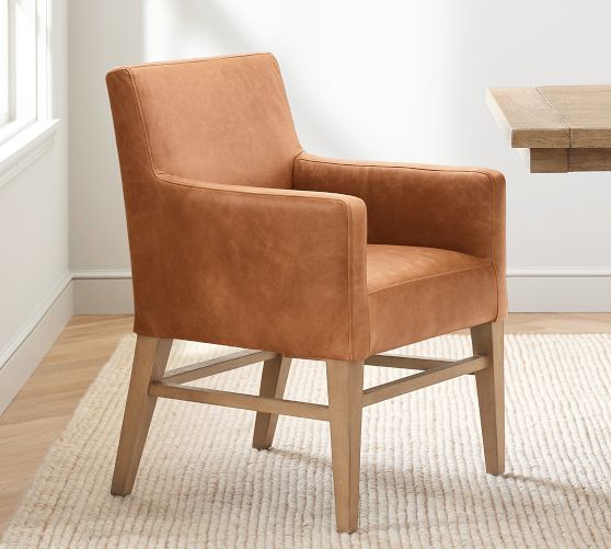 Classic Leather Dining Armchair with Stretcher by Pottery Barn
