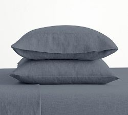 Open Box: Belgian Flax Linen Hemstitch Pillowcases, Standard, Set of 2 - Steel Blue