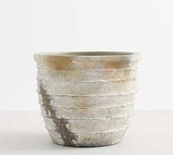 Open Box: Artisan Hand Painted Terracotta Outdoor Planter, Large Cachepot (12.25"D x 10.25"H) - Ivory