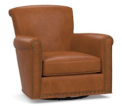 Open Box: Irving Roll Arm Leather Swivel Armchair with Nailheads (33") - Vintage Caramel