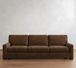 Open Box: Turner Square Arm Leather Grand Sofa without Nailheads (104"W, 39"D), 3X3 - Gravel Chocolate, Dark Walnut