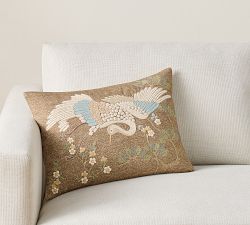 Crane Embroidered Lumbar Pillow Cover