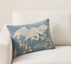 Crane Embroidered Lumbar Pillow Cover