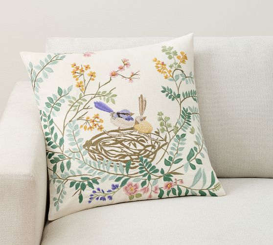 Robin Nest Embroidered Pillow Cover