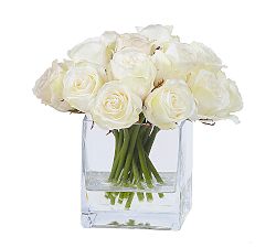 Open Box: Faux Composed Roses in Square Vase (9") - Pure White