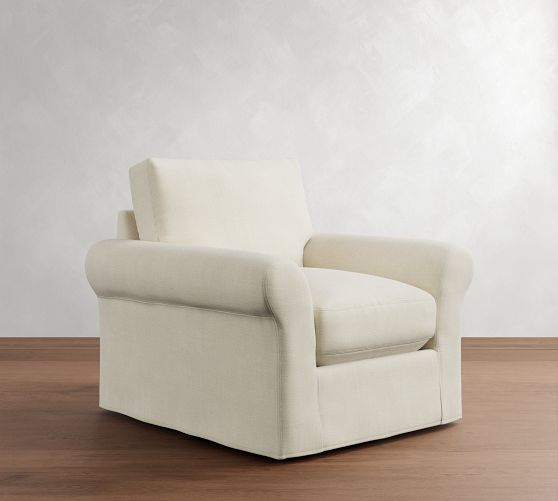 PB Comfort Modern Roll Arm Slipcovered Swivel Chair by Pottery Barn