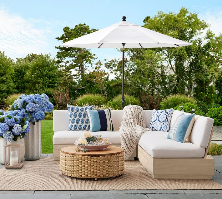 l shaped patio furniture umbrella Grey and Blue Outdoor Sectional 7pc - FINAL SALE ITEM shaped configuration provides spacious seating for gatherings 9 Pieces Outdoor Rattan Dining