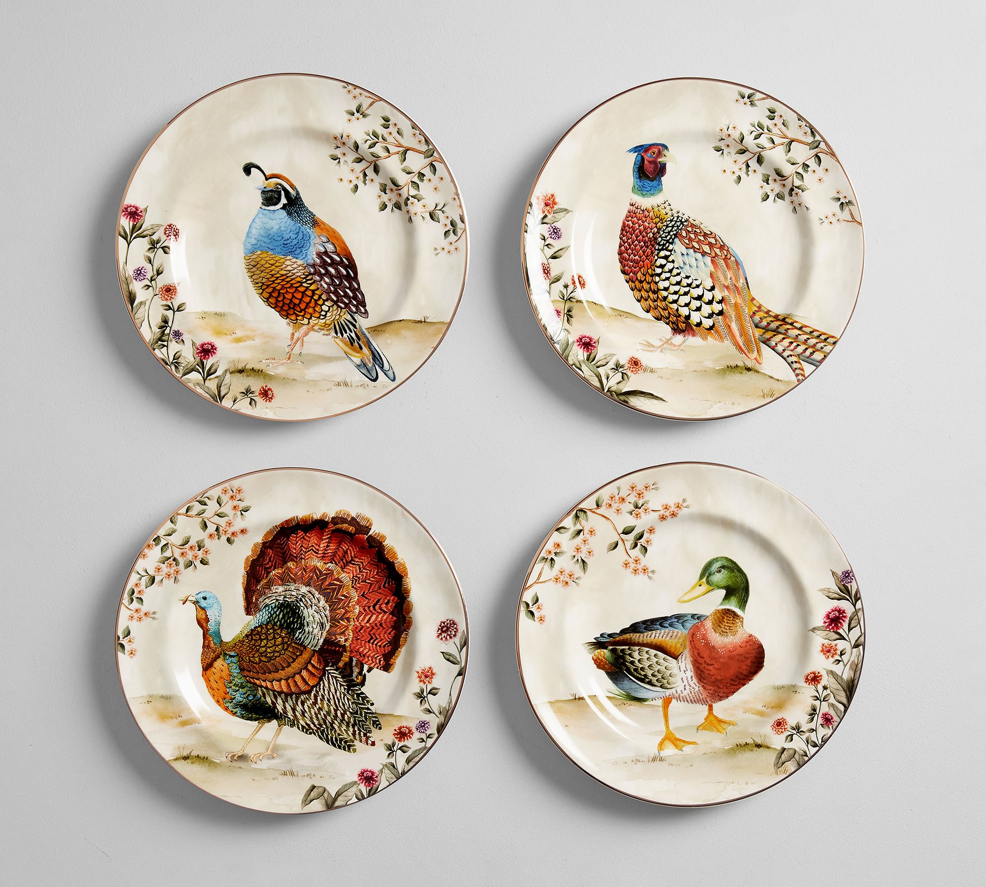 Botanical Harvest Bird Stoneware Salad Plates - Mixed Set of 4