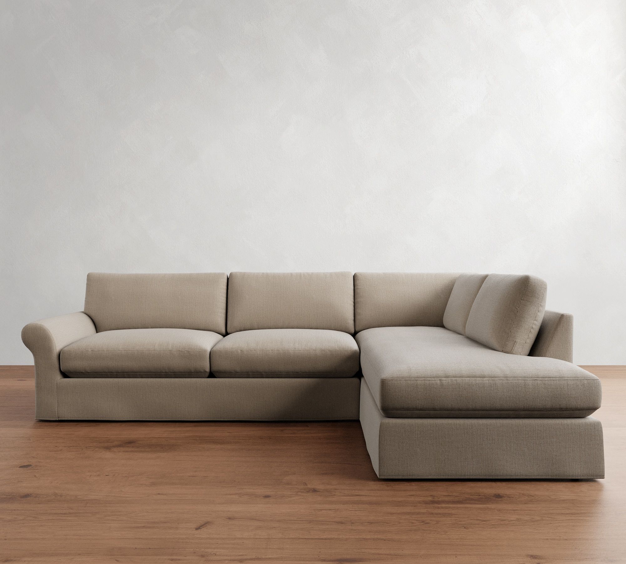 PB Comfort Modern Roll Arm Slipcovered Return Bumper Sectional (124")