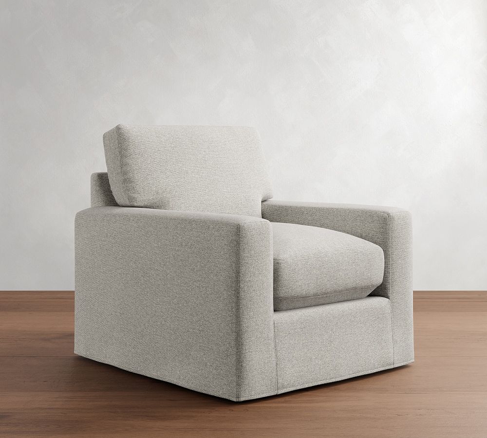 PB Comfort Modern Square Arm Slipcovered Swivel Chair by Pottery Barn