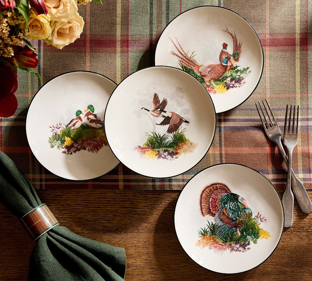 Fantastical Forest Fall Birds Stoneware Appetizer Plates - Mixed Set of 4 by Pottery Barn