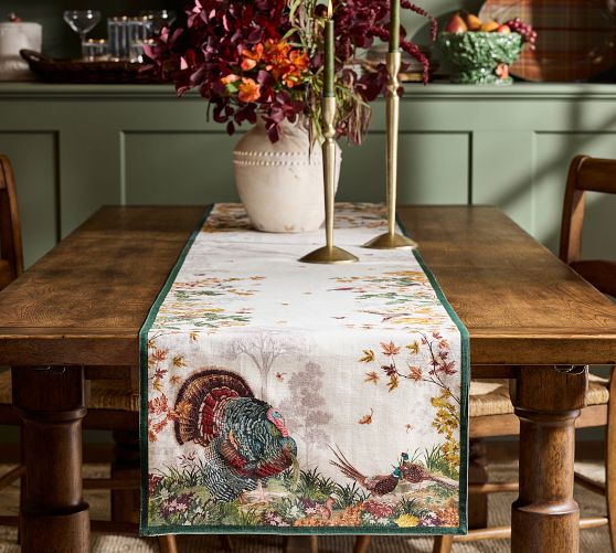 Fantastical Forest Turkey Embroidered Cotton/Linen Table Runner