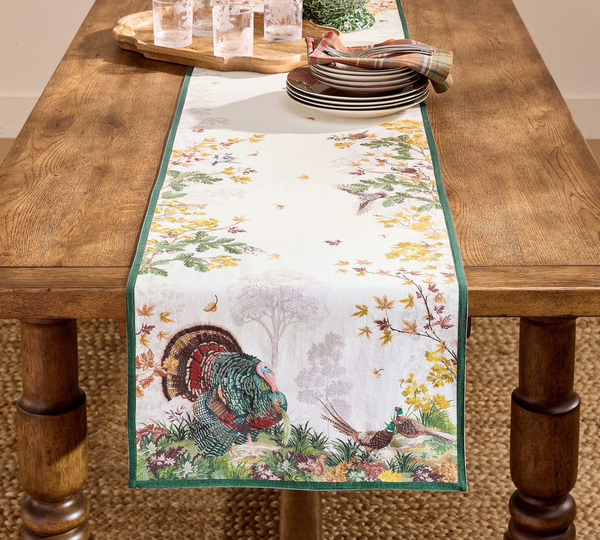 Fantastical Forest Turkey Embroidered Cotton/Linen Table Runner