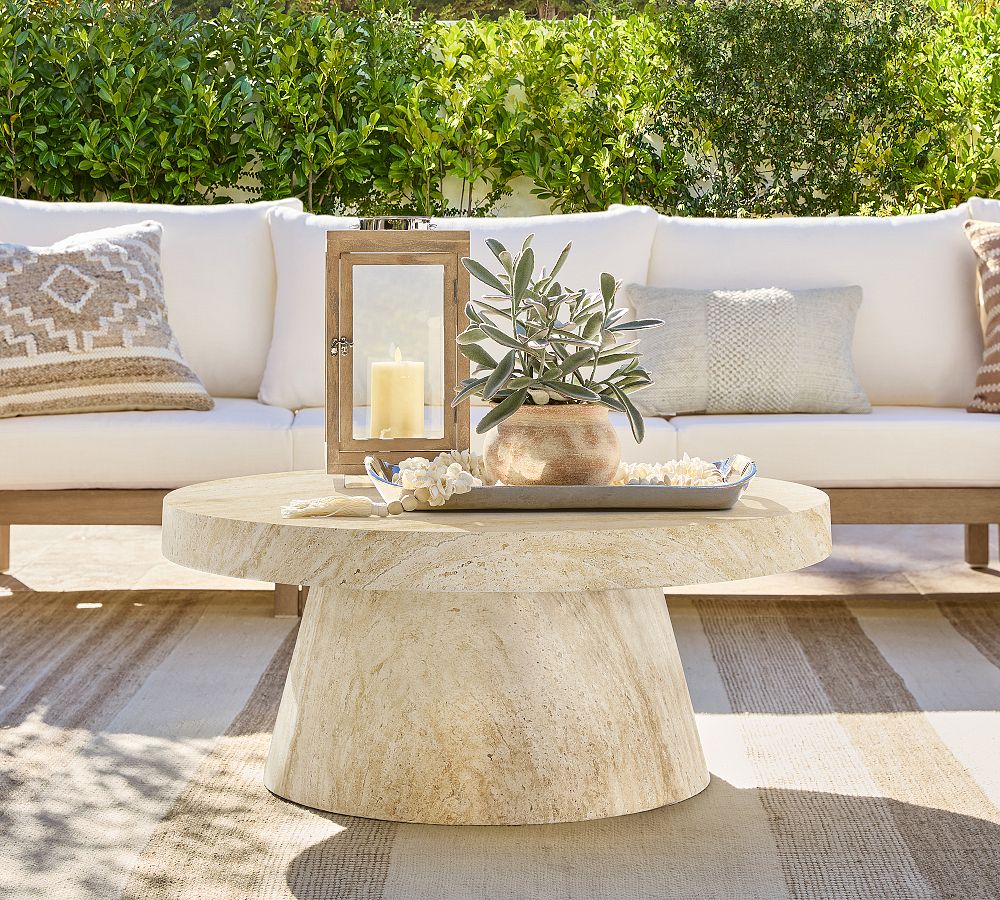Pomona Faux Travertine Round Outdoor Coffee Table (36") by Pottery Barn