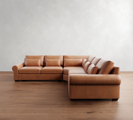 Big Sur Roll Arm Deep Seat Leather 3-Piece L-Shaped Wedge Sectional (130") by Pottery Barn