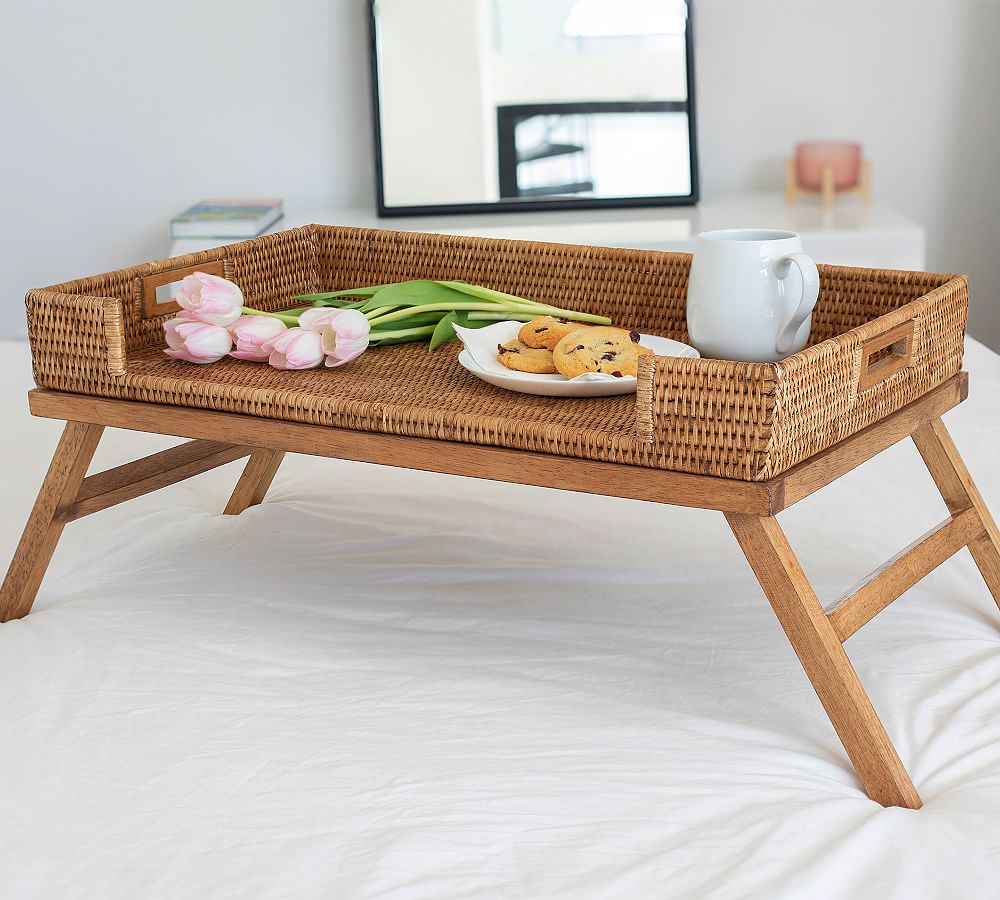 Tava Handwoven Rattan Serving Tray with Stand by Pottery Barn