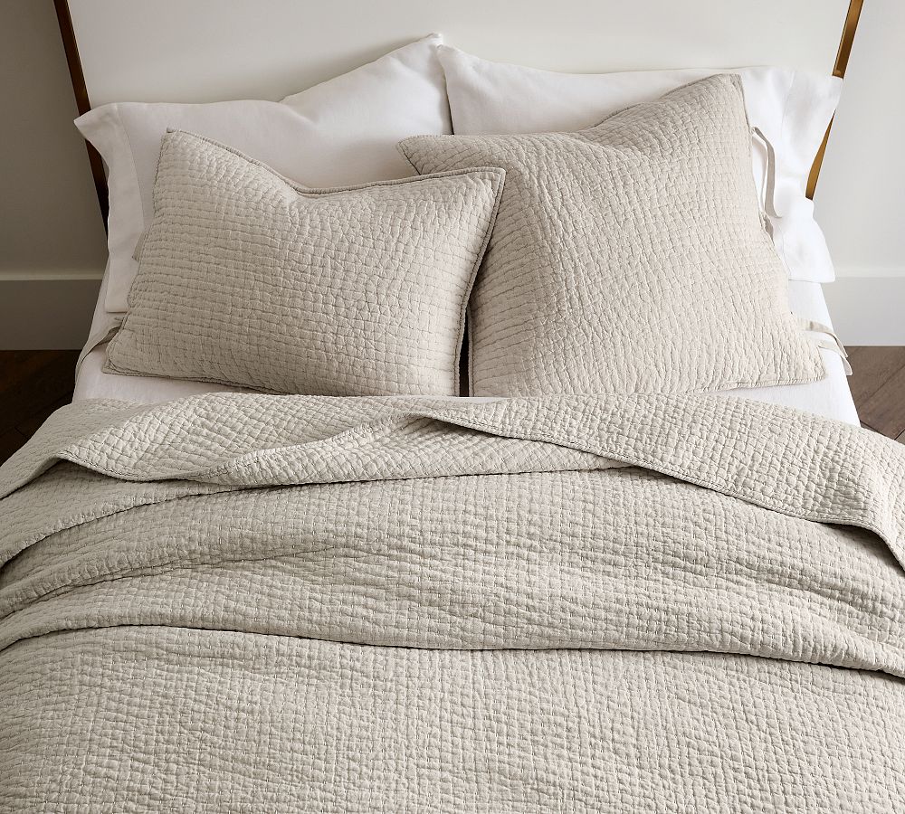 Pick-Stitch Handcrafted Cotton Linen Quilt - Warm Gray, King/Cal. King