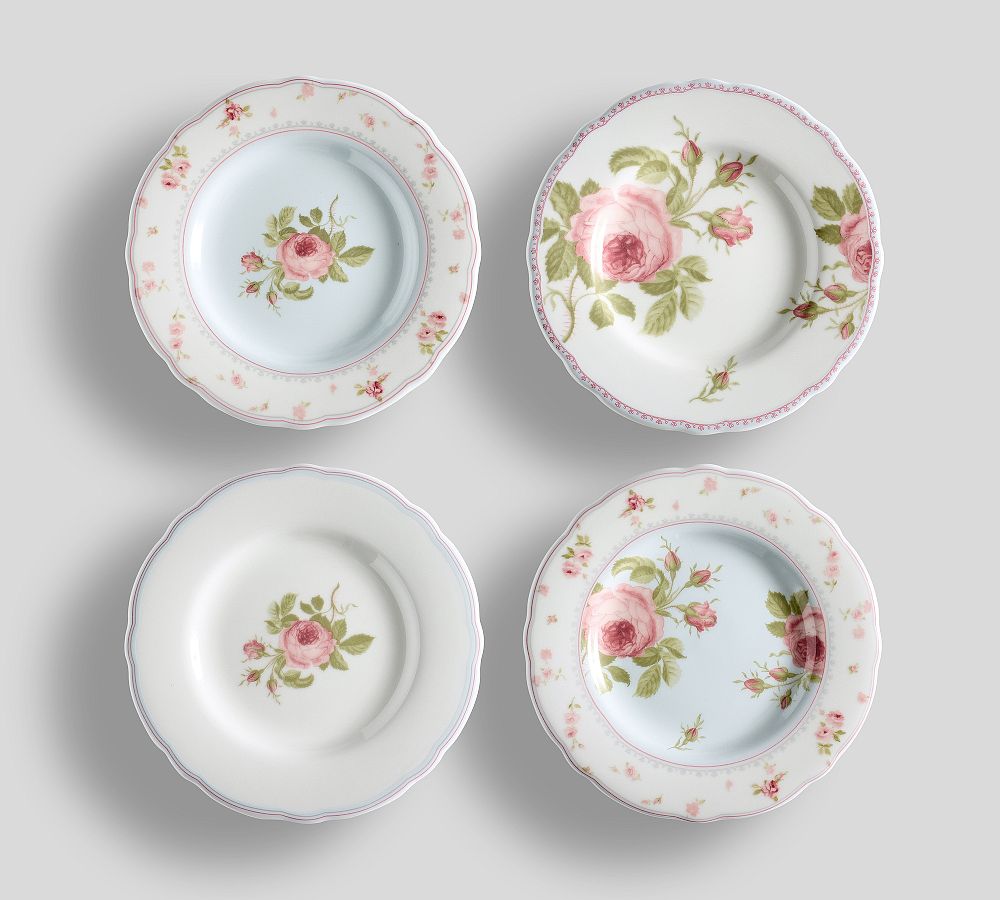 LoveShackFancy Garden Floral Porcelain Appetizer Plates - Mixed Set of 4 - Mixed Set of 4 - Blue