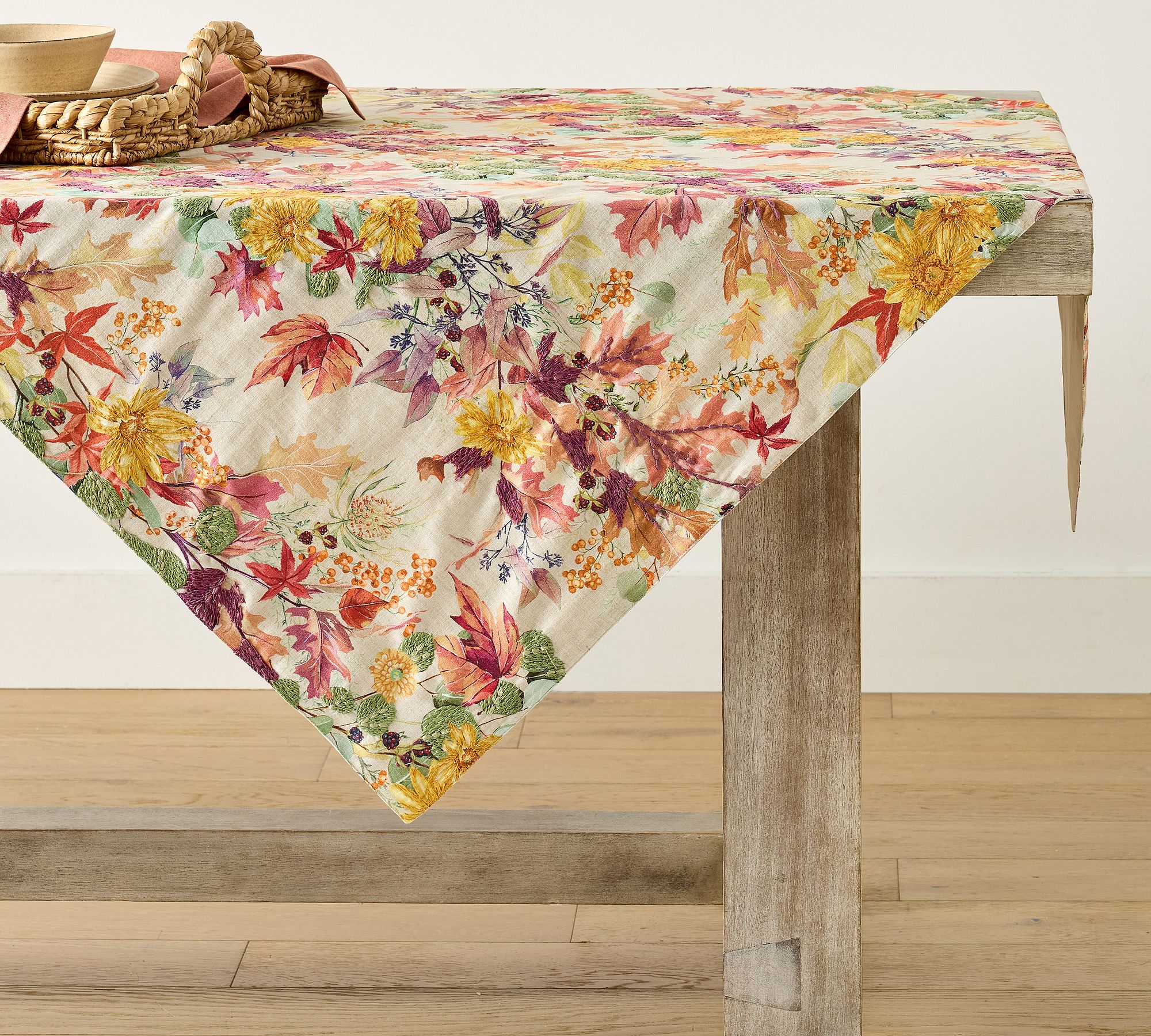 Fall Botanical Embroidered Cotton Table Throw