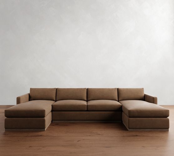 Carmel Slim Arm Leather Wood Base Double Chaise Sectional (138"-170") by Pottery Barn