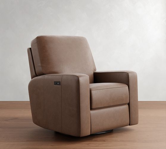 PB Comfort Square Arm Leather Power Swivel Glider Recliner by Pottery Barn