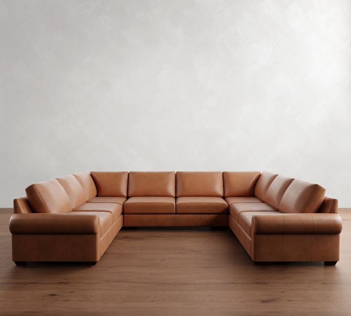 Big Sur Roll Arm Leather U-Loveseat Sectional, Down Blend Wrapped Cushions, Burnished Wolf Gray
