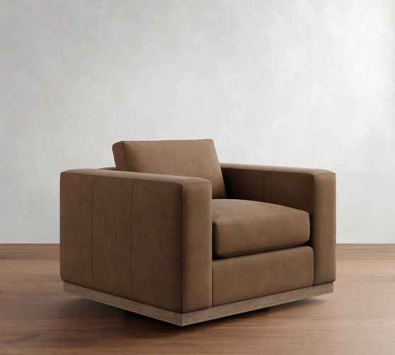 Carmel Wide Arm Leather Wood Base Swivel Chair by Pottery Barn