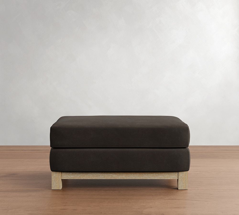 Jake Leather Seadrift Wood Base Ottoman by Pottery Barn
