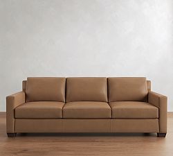 Open Box: York Square Arm Leather Grand Sofa (95"), 3X3 - Churchfield Taupe, Espresso