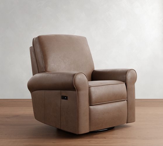 PB Comfort Roll Arm Leather Power Swivel Glider Recliner by Pottery Barn