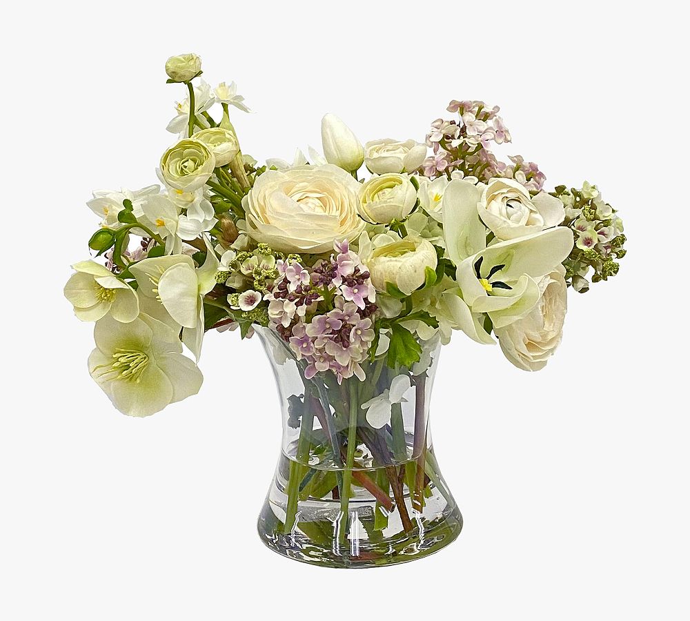 Faux Ranunculus & Lilac Mix In Glass Vase by Pottery Barn