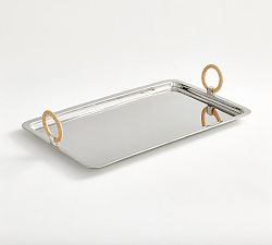 Open Box: Rectangle Tray With Rattan Handles - Silver