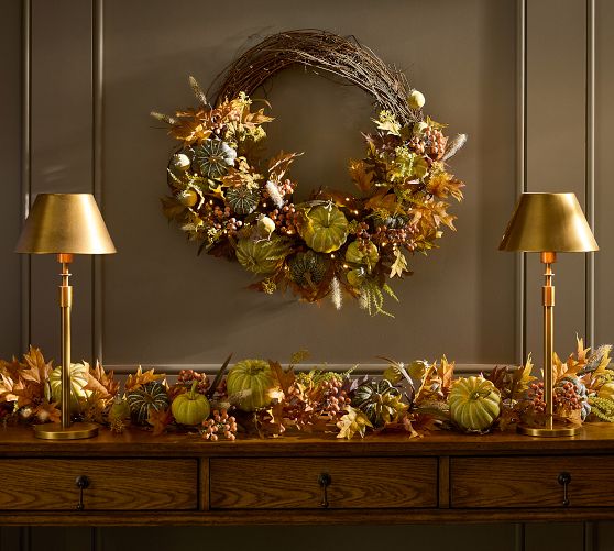 Faux Lit Autumnal Wreath & Garland