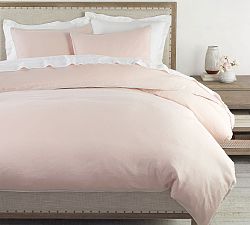 Open Box: Belgian Flax Linen Contrast Flange Duvet Cover, Full/Queen - Soft Rose/Flax