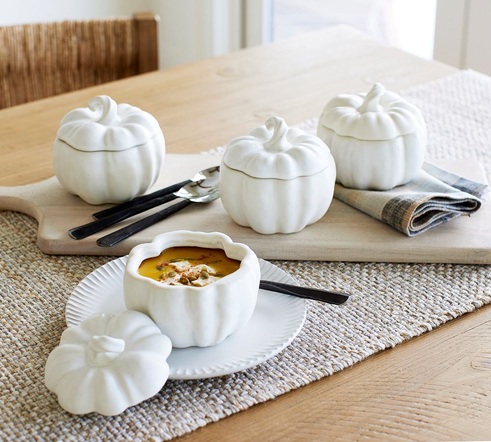 Pumpkin Stoneware Lidded Soup Bowls - Set of 4 by Pottery Barn