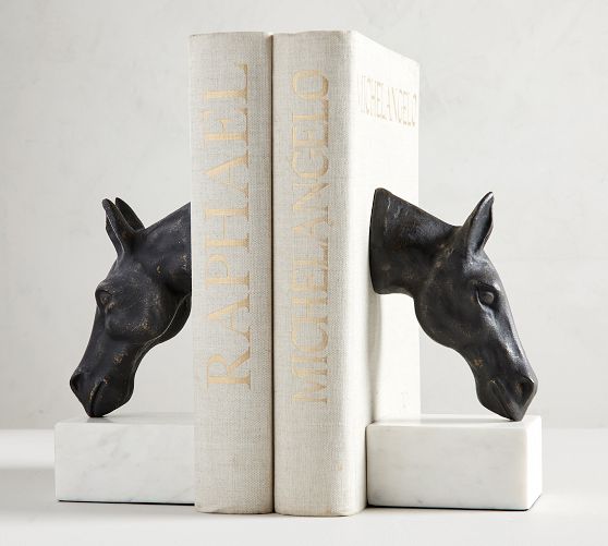 Bronze Horse & Marble Bookends - Set of 2