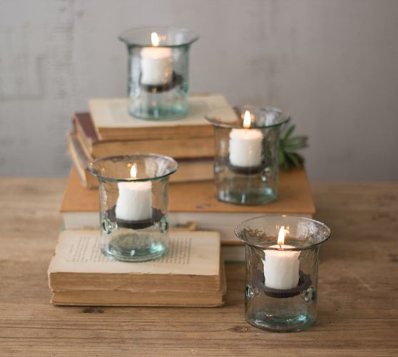 Handmade Mini Glass Hurricane Candle Holder With Rustic Tray - Set of 4