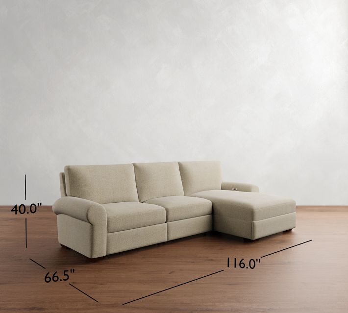 Big Sur Roll Arm Motion Upholstered Left Power Reclining Sofa with Chaise Sectional with Storage Console, Down Blend Wrapped Cushions, Performance Lu