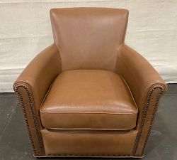 Open Box: Irving Roll Arm Leather Swivel Armchair with Nailheads (33") - Vintage Caramel, Bronze Hardware