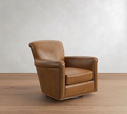 Open Box: Irving Roll Arm Leather Swivel Armchair with Nailheads (33") - Vintage Caramel, Bronze Hardware