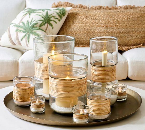 Palm Woven Rattan & Glass Hurricane Candle Holder