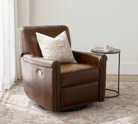 Irving Roll Arm Leather Swivel Recliner by Pottery Barn