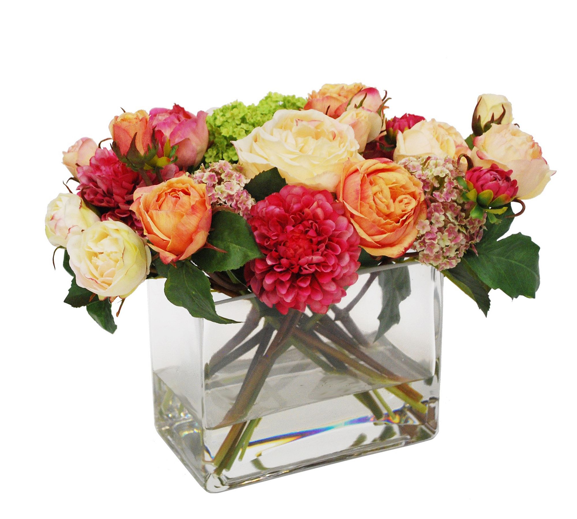 Faux Dahlia Garden Rose Arrangement in Square Glass Vase
