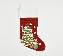 Open Box: Holiday Icons Crewel Stocking, Christmas Tree - Red/Ivory Velvet Cuff