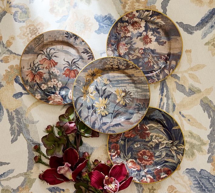 Kravet Folly Scenic Mural Stoneware Appetizer Plates - Mixed Set