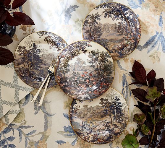 Kravet Folly Scenic Stoneware Salad Plates - Mixed Set of 4