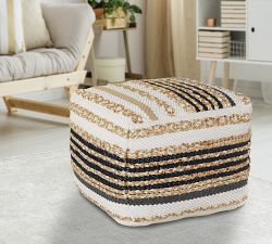 Handwoven Striped Square Jute Pouf
