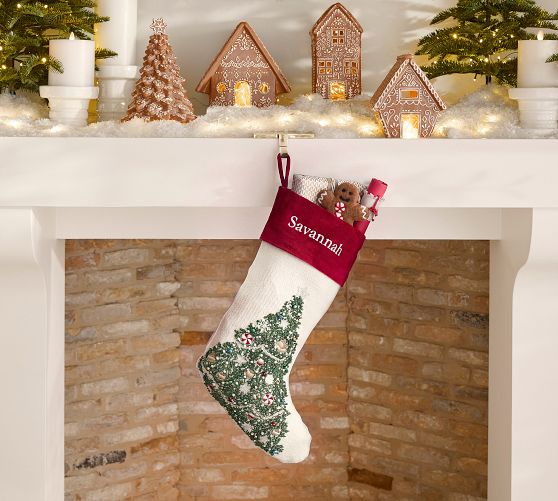 Ivory Christmas Tree Crewel Stocking